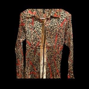 Leopard Print Button-Up Blouse with Red Accents